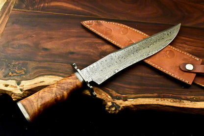 15" Handmade Damascus Bowie Knife | Walnut Wood Handle & 10" Blade