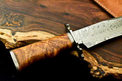 15" Handmade Damascus Bowie Knife | Walnut Wood Handle & 10" Blade