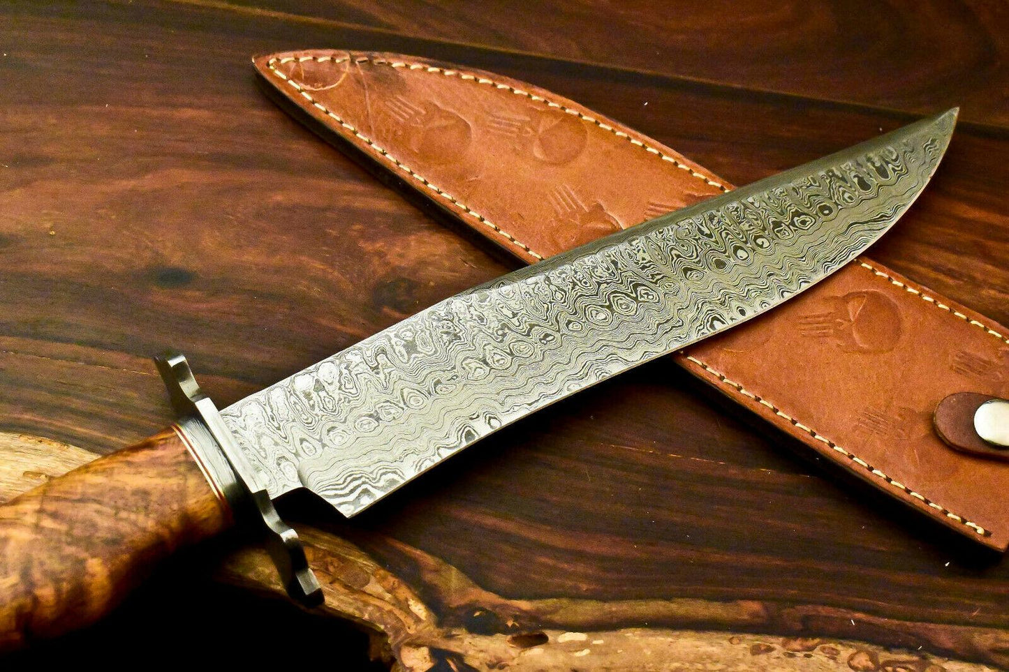 15" Handmade Damascus Bowie Knife | Walnut Wood Handle & 10" Blade