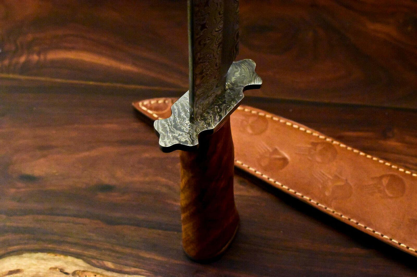15" Handmade Damascus Bowie Knife | Walnut Wood Handle & 10" Blade