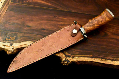 15" Handmade Damascus Bowie Knife | Walnut Wood Handle & 10" Blade