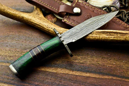 9" Damascus Steel Bowie Knife | Hardwood Handle with Leather Sheath
