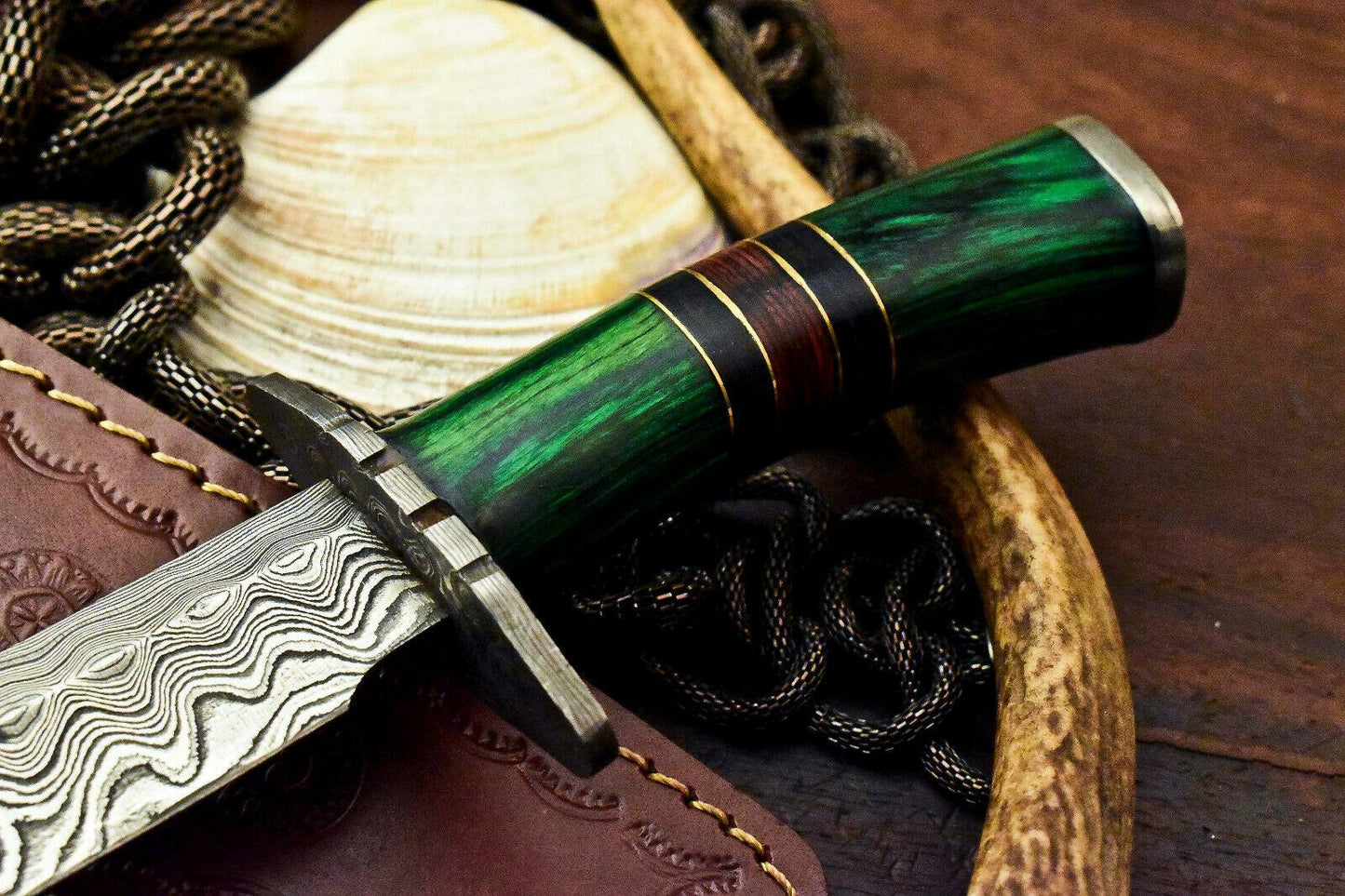 9" Damascus Steel Bowie Knife | Hardwood Handle with Leather Sheath
