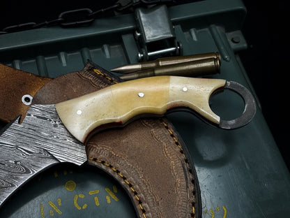 8" Handmade Damascus Karambit Tactical Karambit Damascus steel knife with Bone Handle