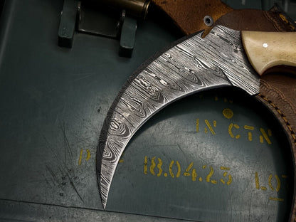 8" Handmade Damascus Karambit Tactical Karambit Damascus steel knife with Bone Handle
