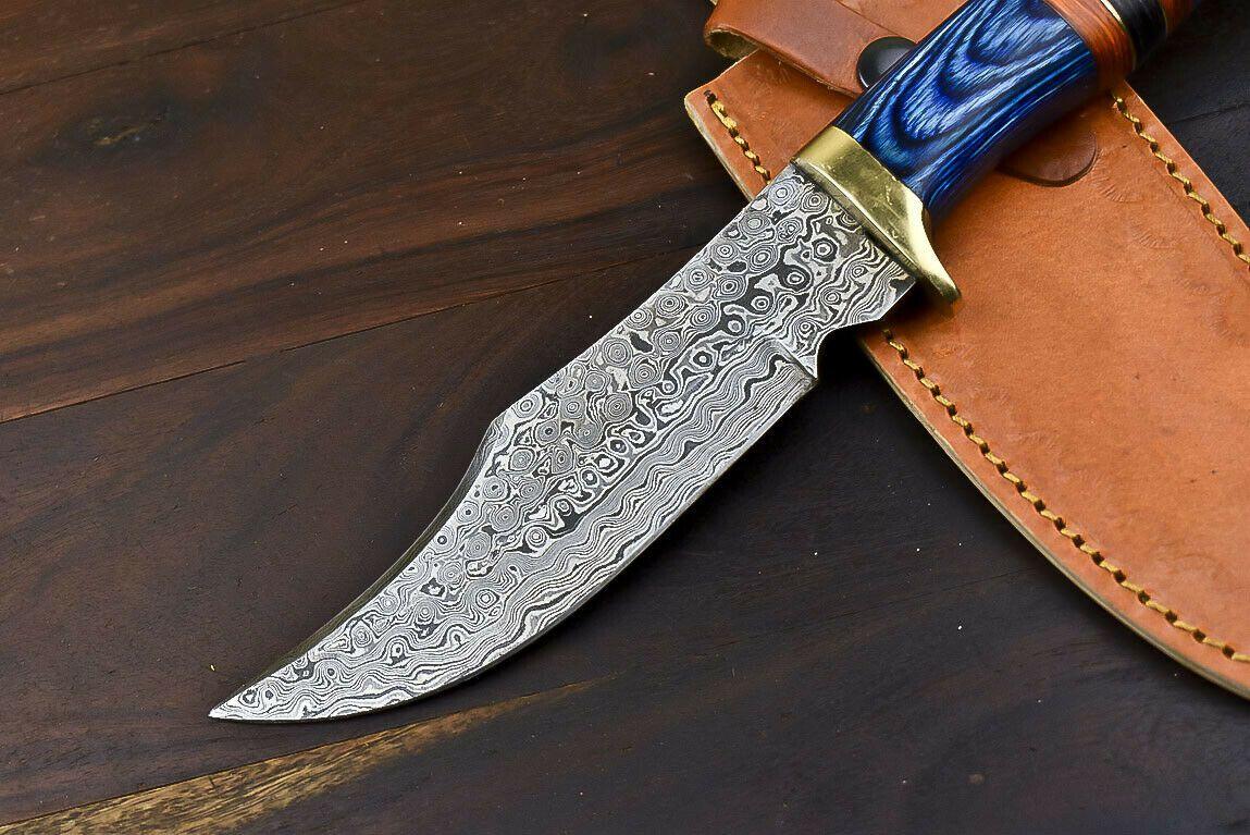 12.5" Damascus Combat Bowie Knife with Hardwood Handle