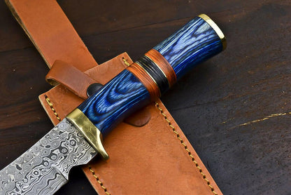 12.5" Damascus Combat Bowie Knife with Hardwood Handle