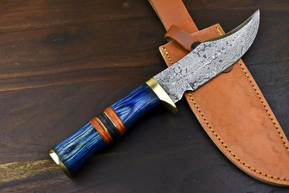 12.5" Damascus Combat Bowie Knife with Hardwood Handle