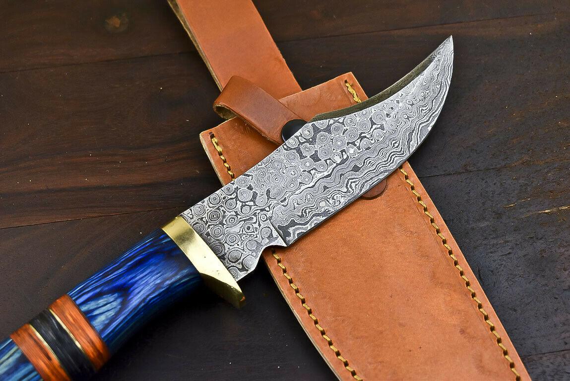 12.5" Damascus Combat Bowie Knife with Hardwood Handle
