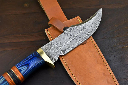 12.5" Damascus Combat Bowie Knife with Hardwood Handle