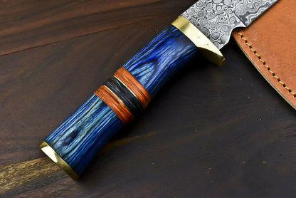 12.5" Damascus Combat Bowie Knife with Hardwood Handle
