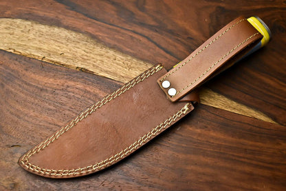 12" Handmade Damascus Bowie Knife – Camel Bone Handle & Leather Sheath