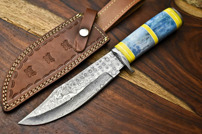 12" Handmade Damascus Bowie Knife – Camel Bone Handle & Leather Sheath