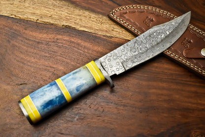 12" Handmade Damascus Bowie Knife – Camel Bone Handle & Leather Sheath