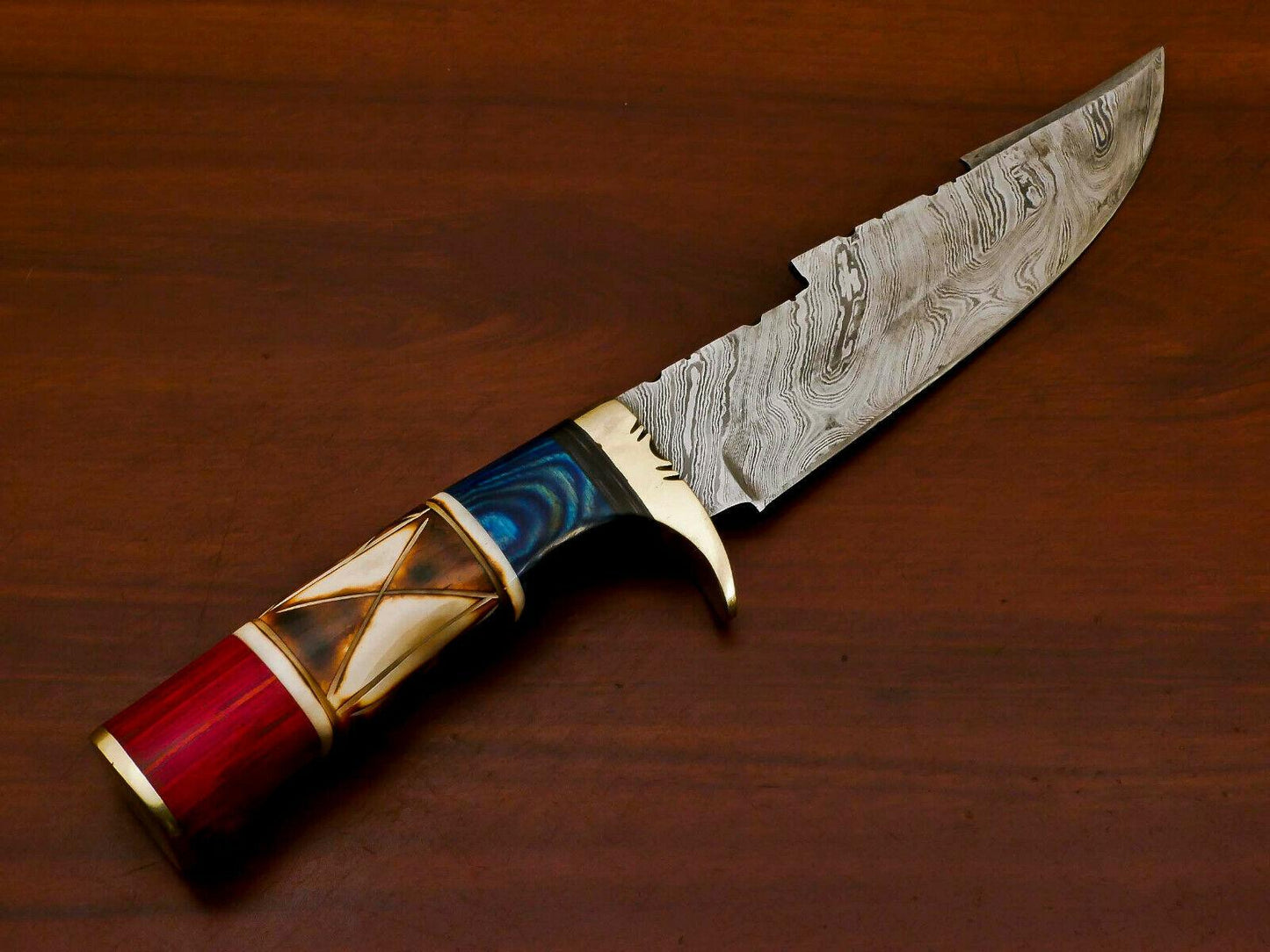Handmade Damascus Custom Burn Camel Bone & Pakka Wood Bowie Hunting Knife – 12"