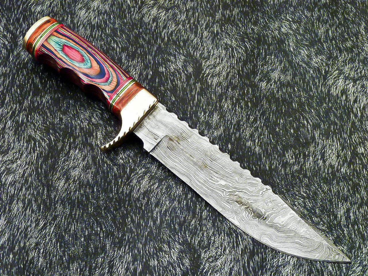 12" Damascus Bowie Knife – Multicolor Hardwood Handle & Leather Sheath
