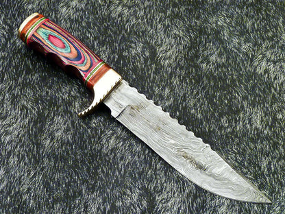 12" Damascus Bowie Knife – Multicolor Hardwood Handle & Leather Sheath