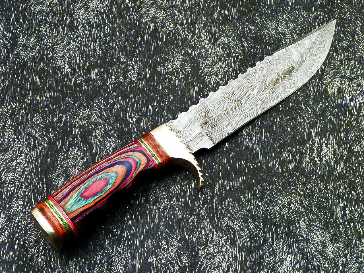 12" Damascus Bowie Knife – Multicolor Hardwood Handle & Leather Sheath