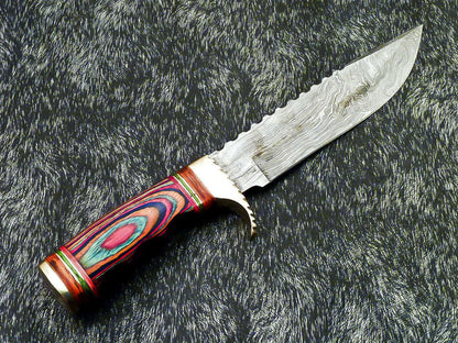 12" Damascus Bowie Knife – Multicolor Hardwood Handle & Leather Sheath