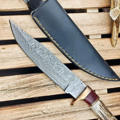 Heritage Forge 9 Inch Damascus Steel Hunting Knife Stag Antler Hardwood Handle with Sheath