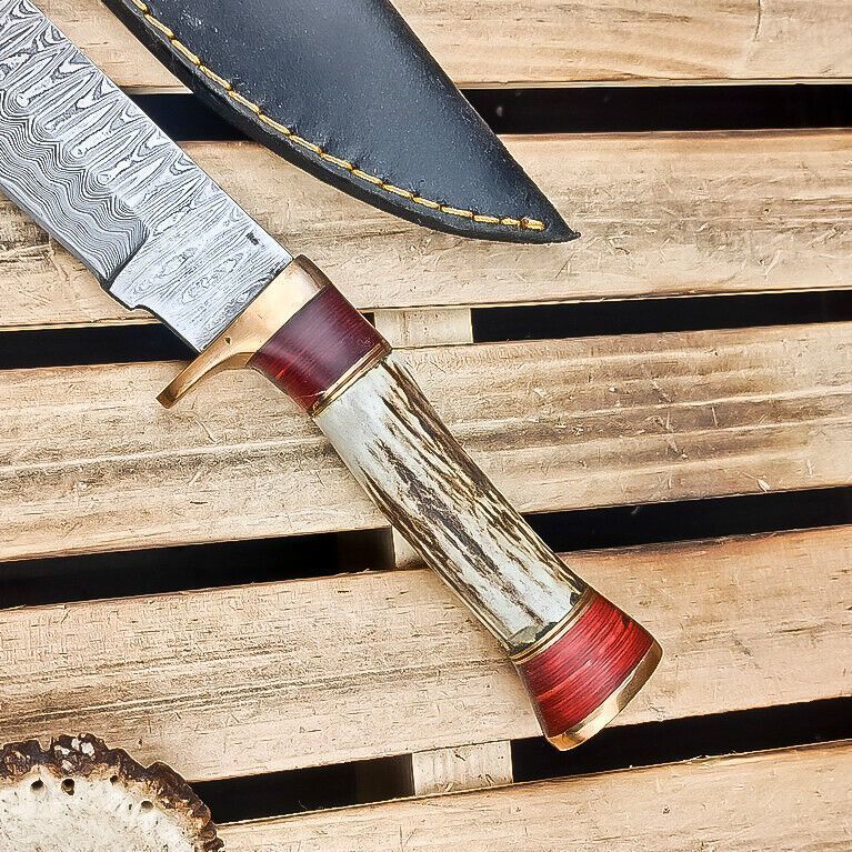 Heritage Forge 9 Inch Damascus Steel Hunting Knife Stag Antler Hardwood Handle with Sheath