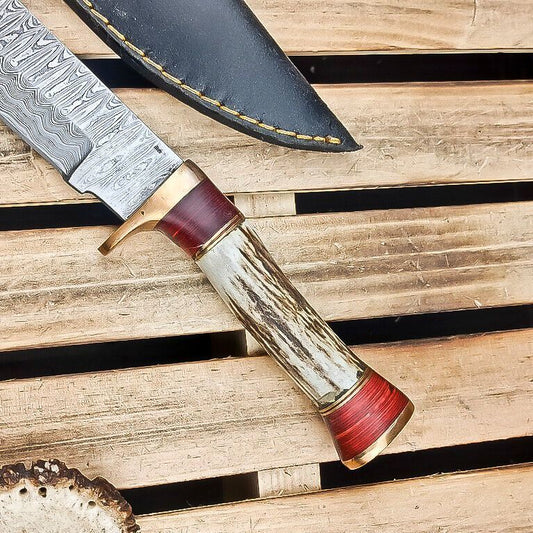 Heritage Forge 9 Inch Damascus Steel Hunting Knife Stag Antler Hardwood Handle with Sheath