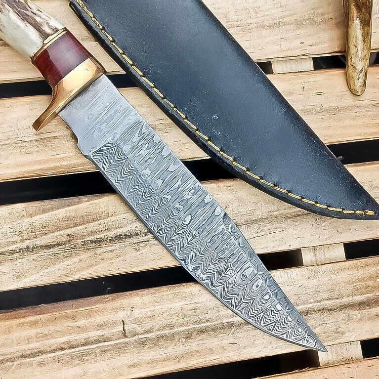 Heritage Forge 9 Inch Damascus Steel Hunting Knife Stag Antler Hardwood Handle with Sheath