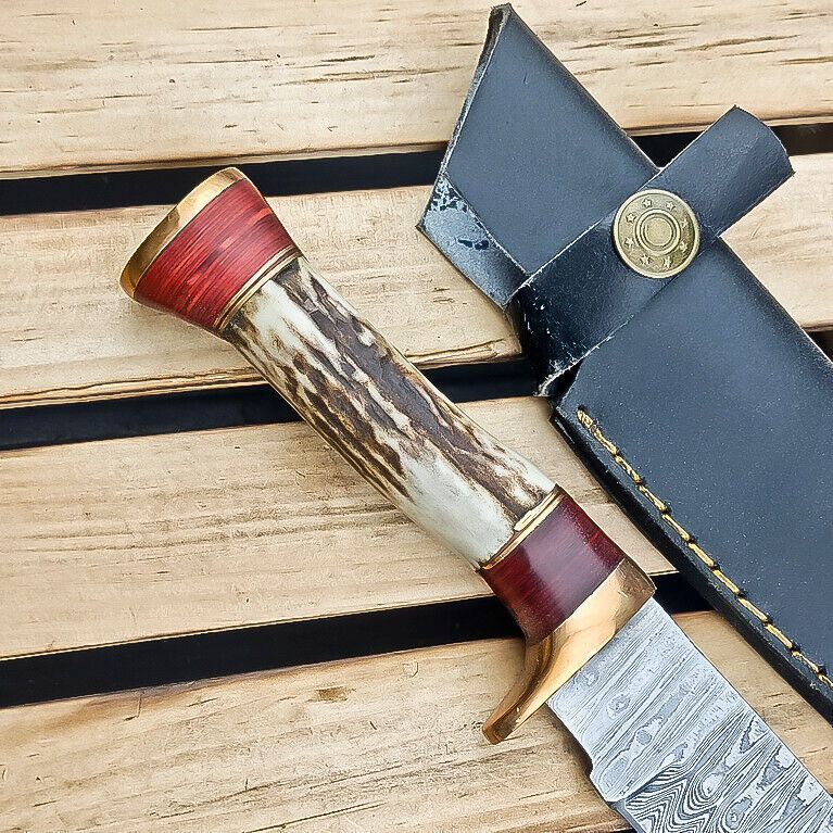 Heritage Forge 9 Inch Damascus Steel Hunting Knife Stag Antler Hardwood Handle with Sheath