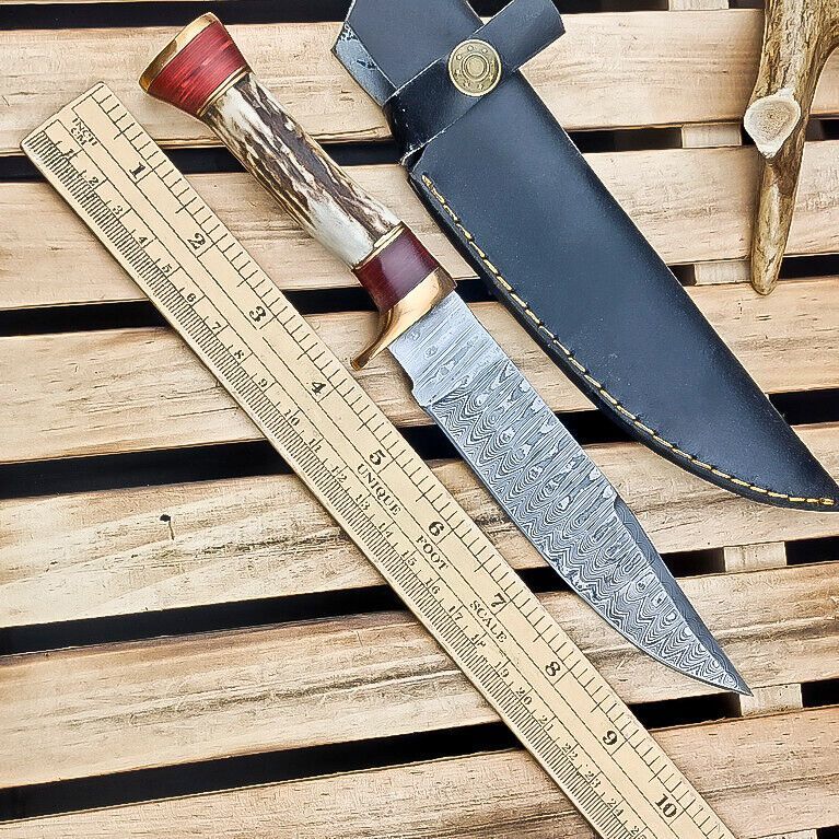 Heritage Forge 9 Inch Damascus Steel Hunting Knife Stag Antler Hardwood Handle with Sheath