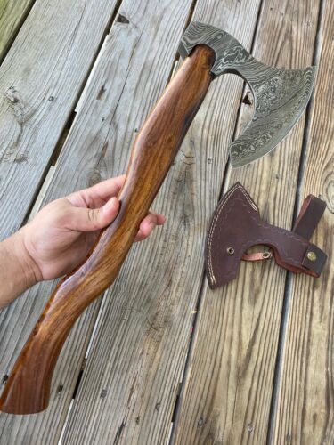 Custom Hand Forged Damascus Steel Viking Bearded Camping Hatchet Tomahawk Axe | 21-Inch with Natural Wood Handle & Leather Sheath