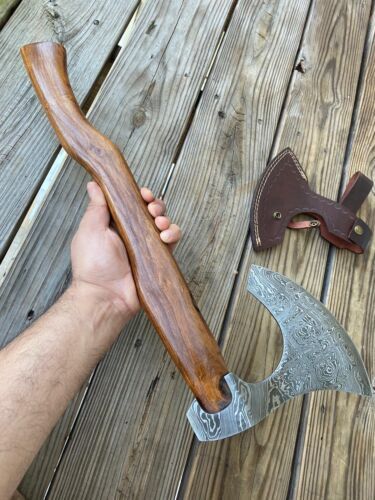 Custom Handmade Damascus Steel Camping Hatchet Tomahawk Axe | Viking Bearded Axe with Natural Wood Handle & Leather Sheath