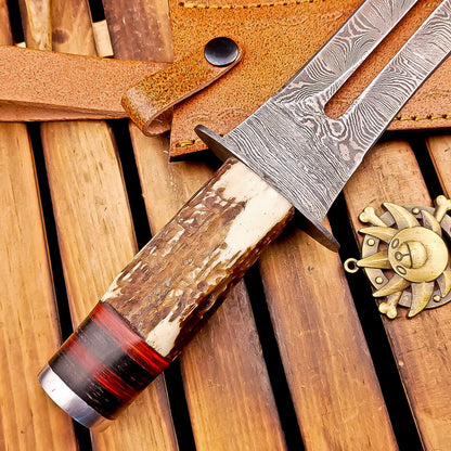 15 Inch Handmade Damascus Dagger Knife with Stag Horn Handle and Leather Sheath