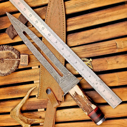 15 Inch Handmade Damascus Dagger Knife with Stag Horn Handle and Leather Sheath