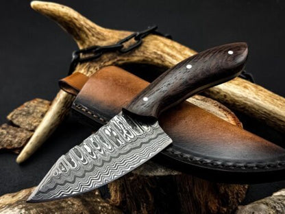 Heritage Forge Full Tang Damascus Skinner Hunting Knife Wenge Wood Handle with Sheath