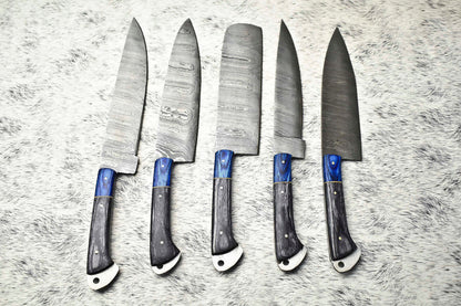 Lot of 5 Handmade Damascus Hammered Full Tang Chef Knives | Hard Wood Handles
