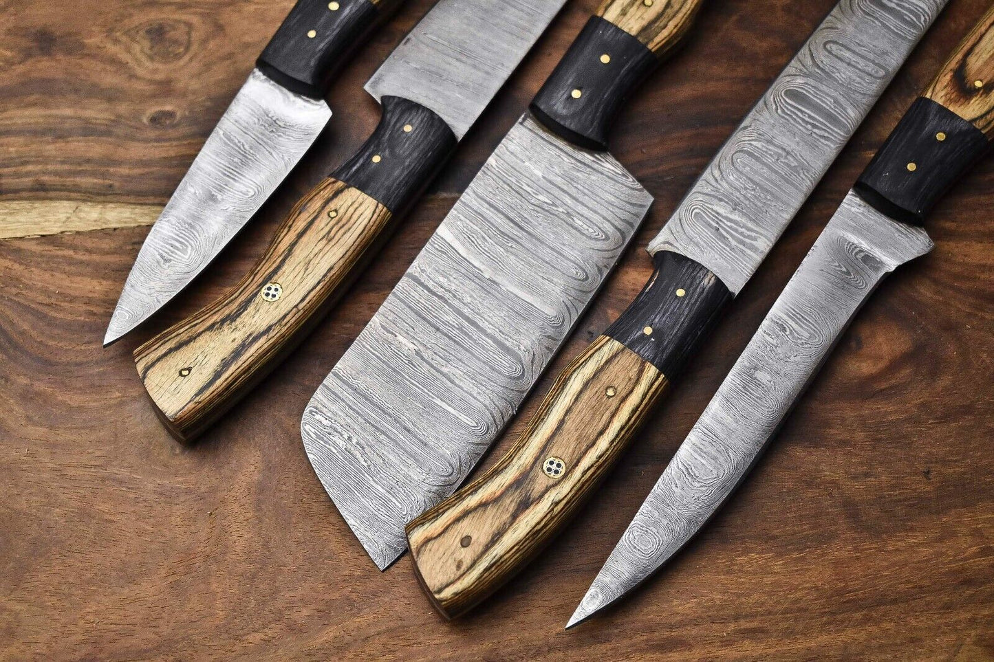 Lot of 4 Handmade Damascus Steel Chef Knives Set with Leather Bag – Full Tang, Razor Sharp