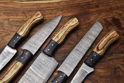 Lot of 4 Handmade Damascus Steel Chef Knives Set with Leather Bag – Full Tang, Razor Sharp