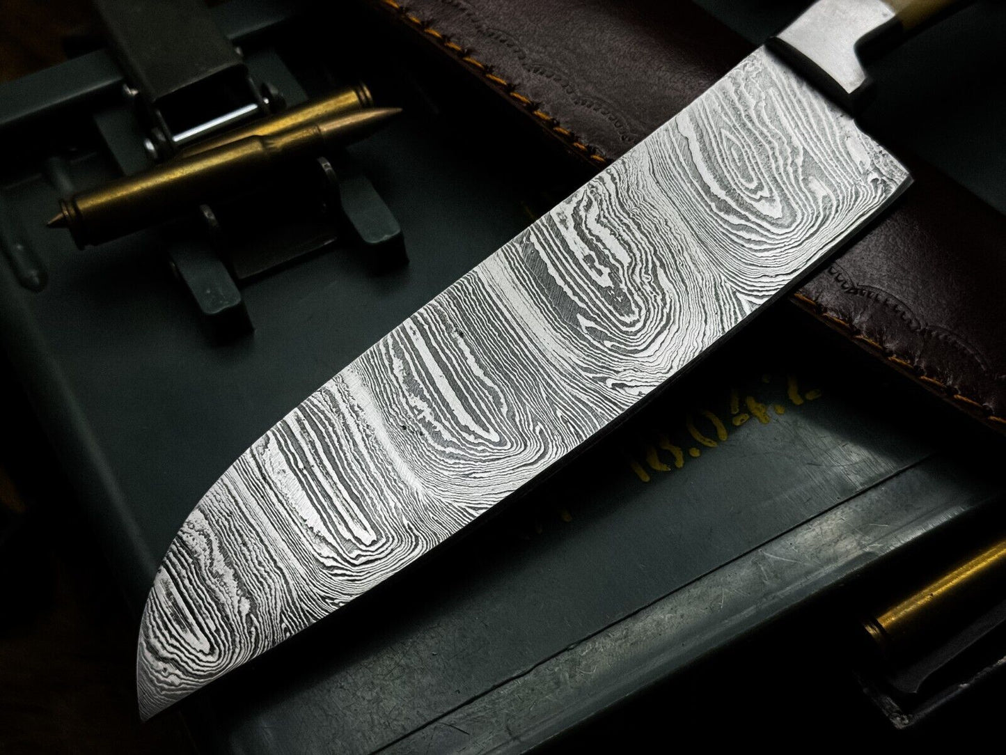 Heritage Forge Handmade Damascus Hunting and Kitchen Chef Knife with Bone Handle and Leather Sheath