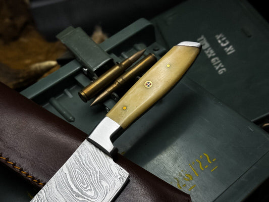 Heritage Forge Handmade Damascus Hunting and Kitchen Chef Knife with Bone Handle and Leather Sheath