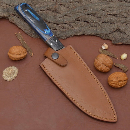 Custom Forged Damascus Steel Fillet Chef Knife Full Tang with Pakka Wood Handle & Leather Sheath