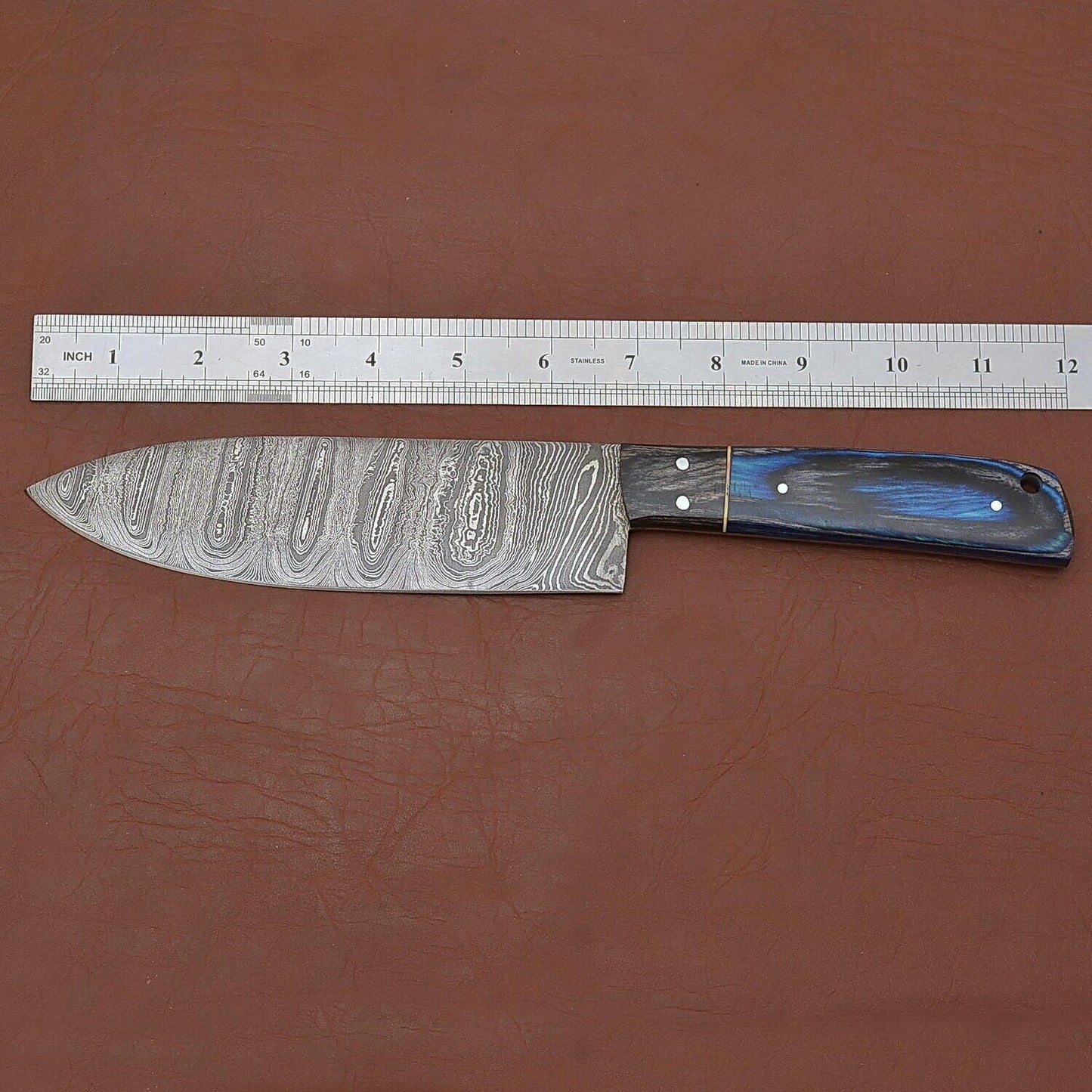 Custom Forged Damascus Steel Fillet Chef Knife Full Tang with Pakka Wood Handle & Leather Sheath