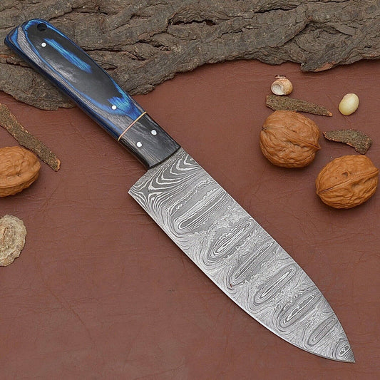 Custom Forged Damascus Steel Fillet Chef Knife Full Tang with Pakka Wood Handle & Leather Sheath