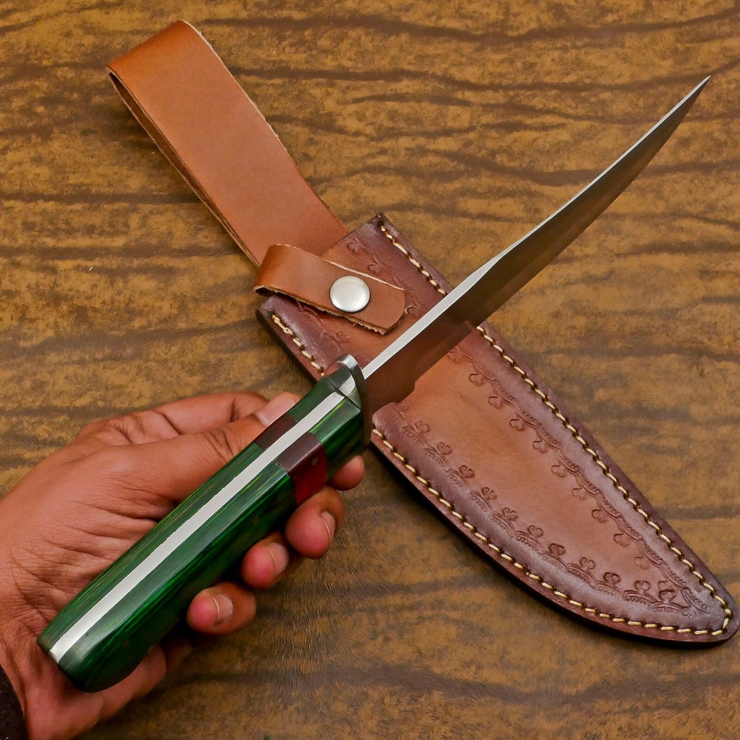 Handmade 12 Inch D2 Steel Full Tang Bowie Hunting Knife – Pakka Wood Handle Survival Blade