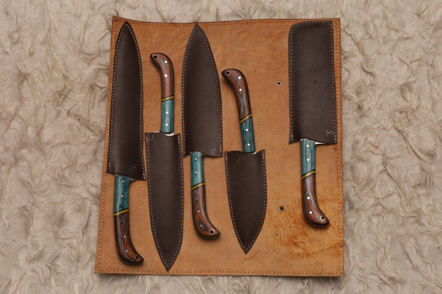 Custom Handmade Damascus Steel 5-Piece Chef Knife Set | Wood Handle