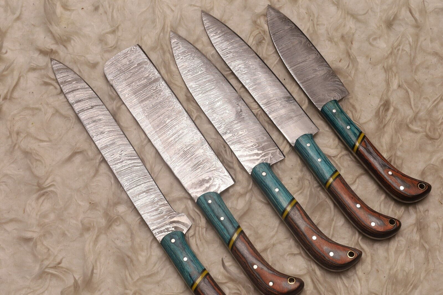 Custom Handmade Damascus Steel 5-Piece Chef Knife Set | Wood Handle