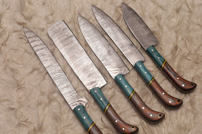 Custom Handmade Damascus Steel 5-Piece Chef Knife Set | Wood Handle