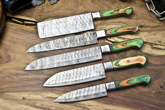 Custom Forged Twist Damascus Chef Knife Set – Lot of 5 Hardwood Handle Hunting & Kitchen Knives