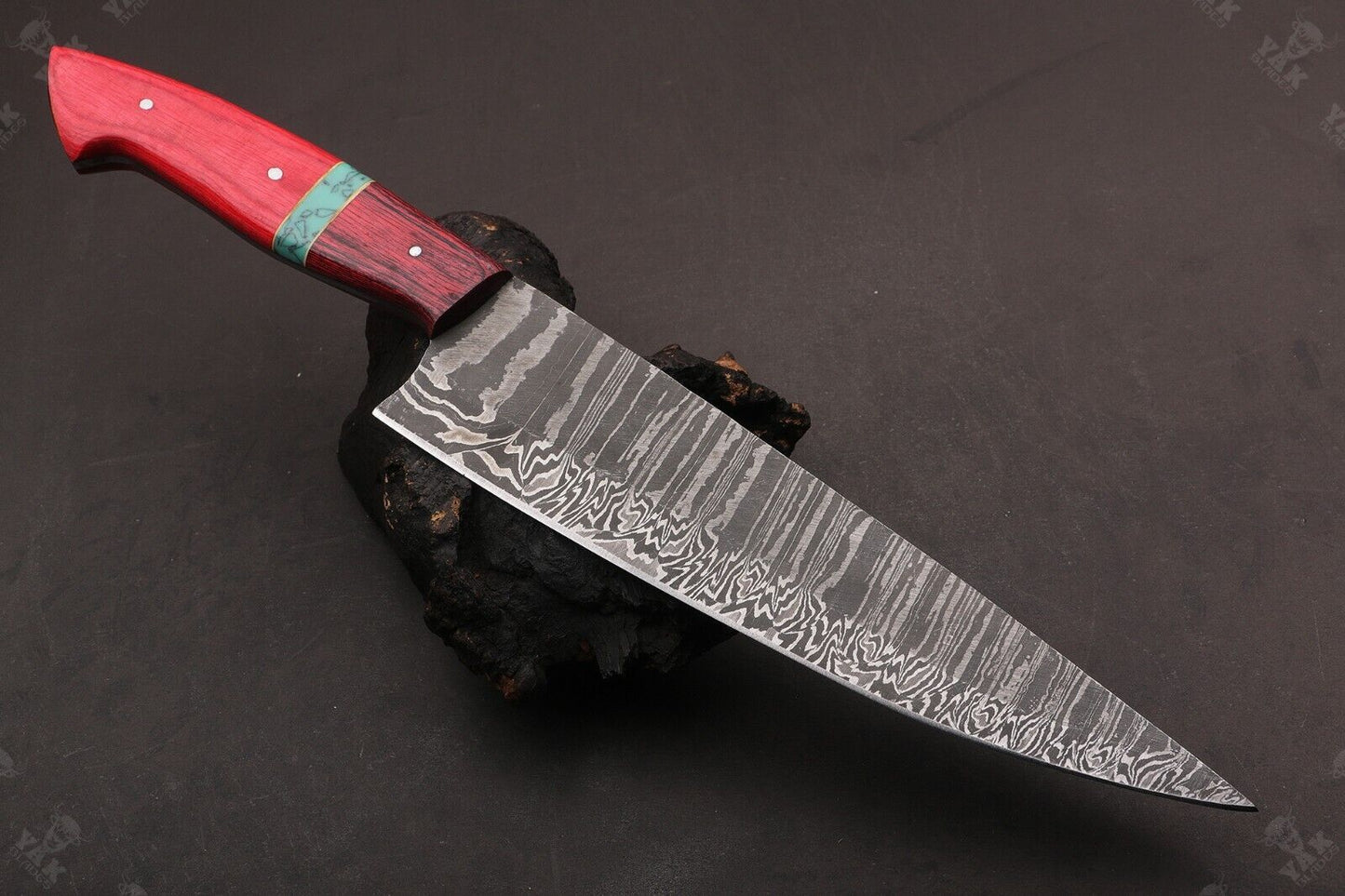 13.5" Custom Hand Forged Fire Damascus Steel Santoku Chef Knife – Camel Bone & Wood Handle
