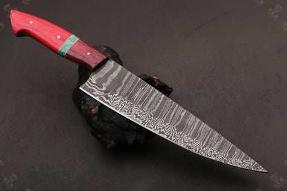 13.5" Custom Hand Forged Fire Damascus Steel Santoku Chef Knife – Camel Bone & Wood Handle