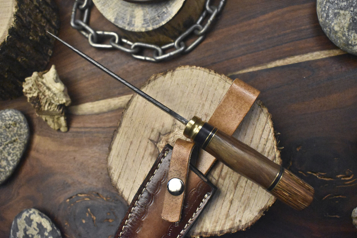 Custom Hand Forged Twist Damascus Skinner Hunting Knife 10 Inch with Walnut Wood Handle W/ Leather Sheath